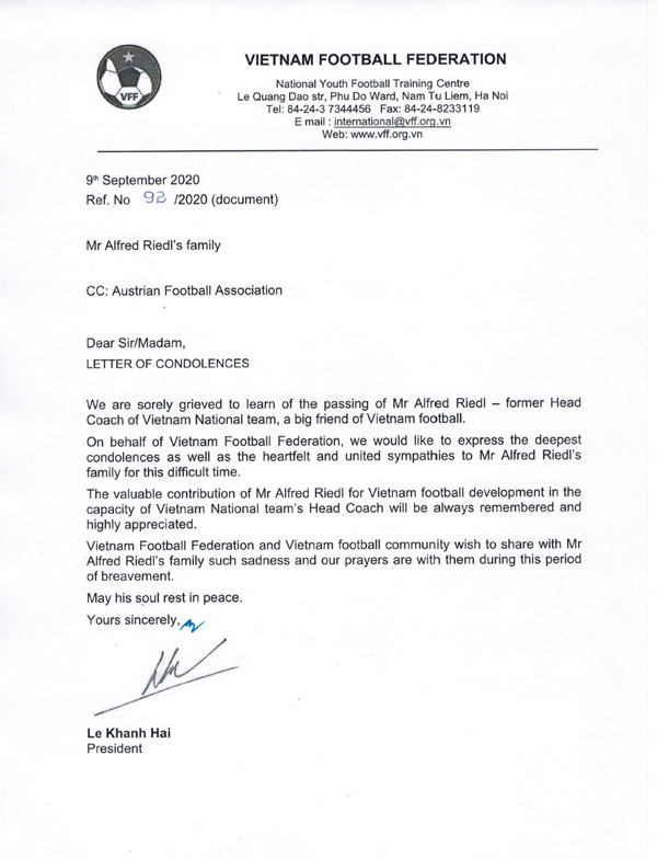 Letter of condolence from Vietnam Football Federation