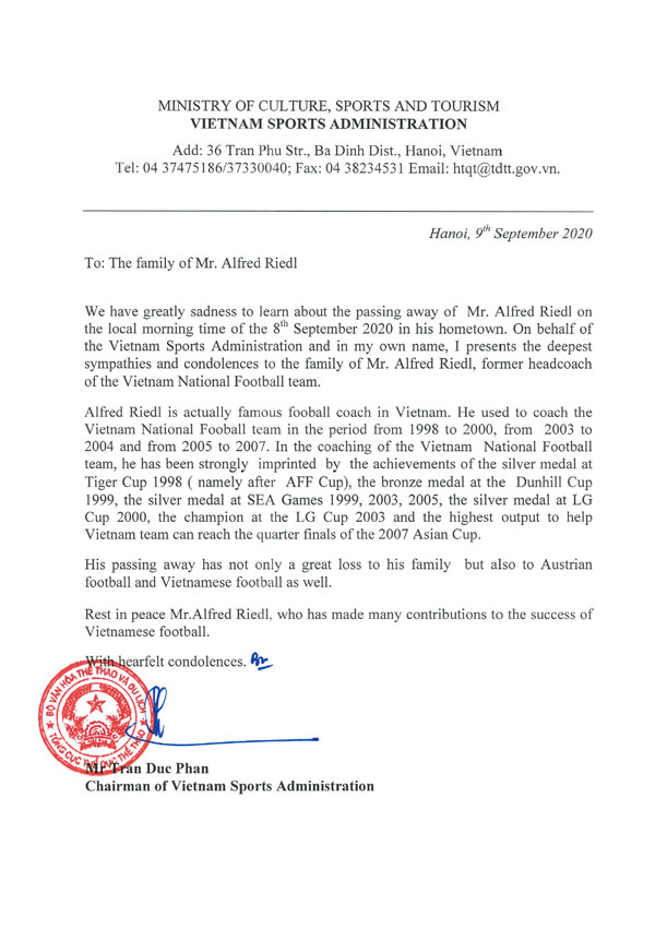 Letter of condolence from Vietnam Sport Administration